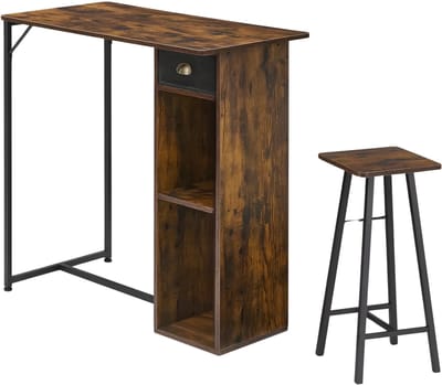 3-Delige Eettafelset - Voor Thuis & Appartement - Keukenbartafel met 2 Krukken en Opbergplanken - Houten Tafelblad - keukentafel - Bruin