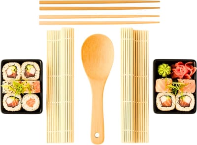 Lomera Sushi Set - Bamboe En Keramiek - Voor 2 Personen - 7 Delig - Keramieken Bordjes - Bamboe Sushilepel - Bamboe Placemats - Bamboe Eetstokjes - Sushi Servies - Sushi Accessoires