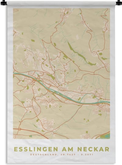 Wandkleed - Wanddoek - Esslingen am Neckar - Plattegrond - Kaart - Vintage - Stadskaart - 120x180 cm - Wandtapijt