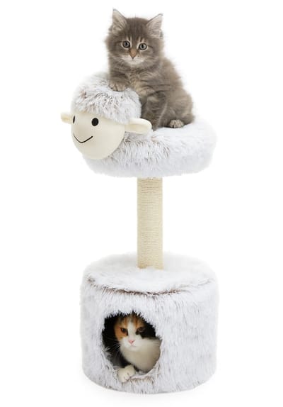 Nobleza Krabpaal voor Katten - Krabmeubel met Huisje en Ligmand - Fluffy Schaap - 67 cm - Wit/Grijs