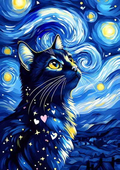 De Sterrenkijker Poster – Van Gogh Stijl Zwarte Kat Art Print – Levendige Kunstposter – Premium Glossy Fotopapier