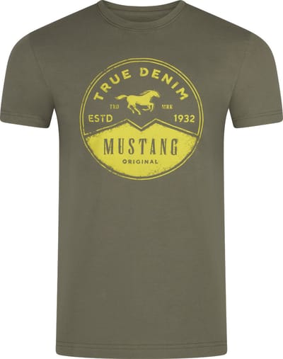 Mustang Heren T-Shirt Basic Print Tee regular fit Olijf S Ronde Hals Volwassenen Opdruk Print Shirts