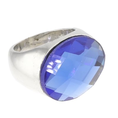 Behave - Ring - Zilverkleurige statement ring met grote ovale blauwe facetgeslepen glassteen – Nikkelvrij - 16mm