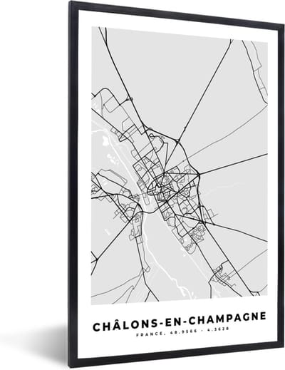 Fotolijst incl. Poster - Frankrijk – Plattegrond – Kaart – Châlons-en-Champagne – Stadskaart - 40x60 cm - Posterlijst