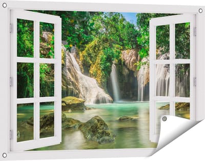 Gards Tuinposter Doorkijk Tropische Waterval - 90x60 cm - Tuindoek - Tuindecoratie - Wanddecoratie buiten - Tuinschilderij