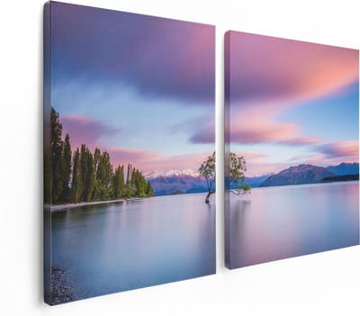 Artaza Canvas Schilderij Tweeluik Wanaka Boom In Het Water Bij Zonsopgang - 120x80 - Foto Op Canvas - Canvas Print