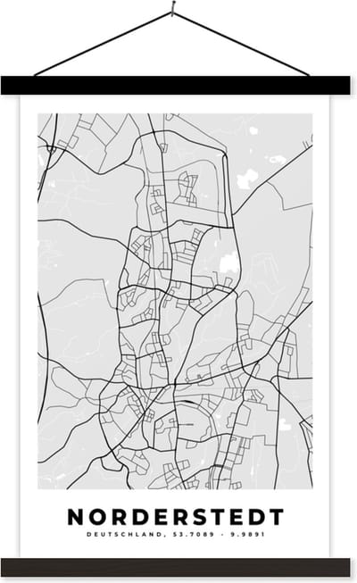 Posterhanger incl. Poster 40x60 cm - Schoolplaat - Norderstedt - Kaart - Stadskaart - Plattegrond - Duitsland - Textielposter - Zwarte latten - Stadskaart