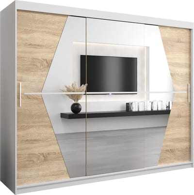 InspireMe - Kledingkast met 3 schuifdeuren, Modern-stijl, Een kledingkast met planken en een spiegel (BxHxD): 250x200x62 - BOLA 250 Wit Mat + Sonoma Eik met 4 lades