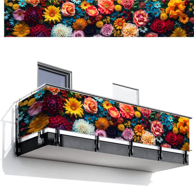 Balkonscherm 500x100 cm - Balkonposter Bloemen - Planten - Kleurrijk - Balkon scherm decoratie - Balkonschermen - Balkondoek zonnescherm