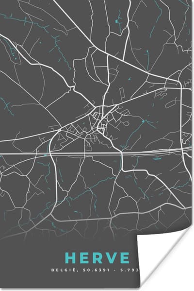 Poster Plattegrond – Herve – Blauw – Stadskaart - Kaart - België - 120x180 cm XXL