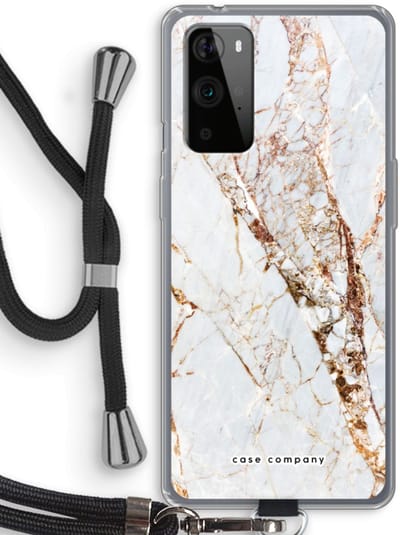 Case Company® - Hoesje met koord geschikt voor OnePlus 9 Pro hoesje met Koord - Goud marmer - Telefoonhoesje met Zwart Koord - Bescherming aan alle Kanten en Over de Schermrand
