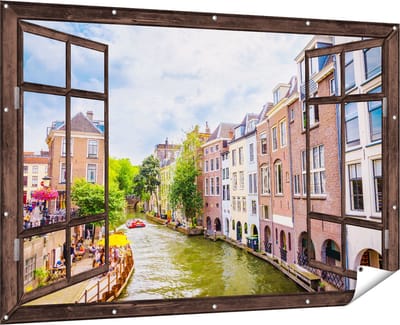 Gards Tuinposter Doorkijk Huizen aan de Oudegracht in Utrecht - 180x120 cm - Tuindoek - Tuindecoratie - Wanddecoratie buiten - Tuinschilderij
