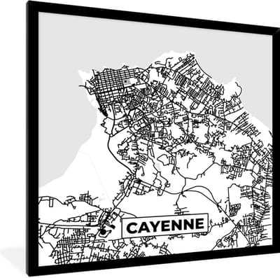 Fotolijst incl. Poster Zwart Wit- Stadskaart - Cayenne - Plattegrond - Kaart - Frankrijk - Zwart wit - 40x40 cm - Posterlijst