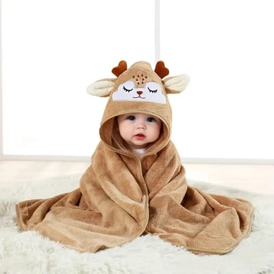 Zachte Kinderbadhanddoek met Capuchon – Eland Ontwerp – Absorberend en Ademend Polyester – 80x80cm – Perfect voor Baby’s en Peuters – Koffiekleur