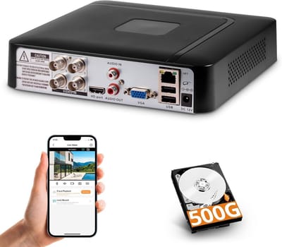 SnelShoppen - 4-kanaals CCTV bewakingsDVR met 500 GB HDD, 5MP H.265+ video-recorder voor AHD TVI IP-camera's, beveiligingscamera-systeem met mobiele a