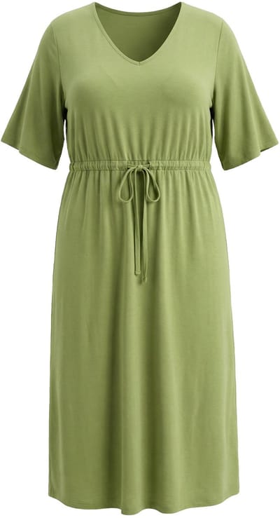 Ulla Popken - Dames - Maxi-jurk A-lijn V-hals korte mouw - Grasgroen - Maat 46+