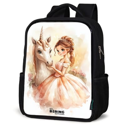 NoBoringSuitcases.com® - Rugzak zwart - Schooltas jongen & meisje - Prinses in jurk met witte eenhoorn - Rugtas voor school - Boekentas kind - Schoolrugzak - Kinderrugzak