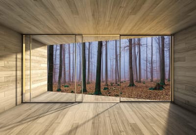Fotobehang Window Forest Trees Fog Leaves Nature | XL - 208cm x 146cm | 130g/m2 Vlies