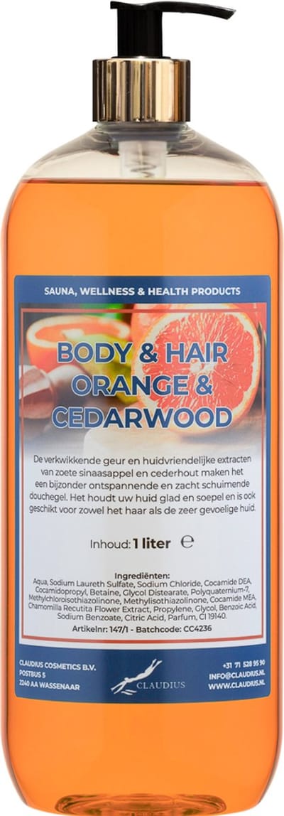 Body & Hair Sweet Orange & Cedarwood 1 liter met gouden pomp - 2 in 1 voor lichaam en haar