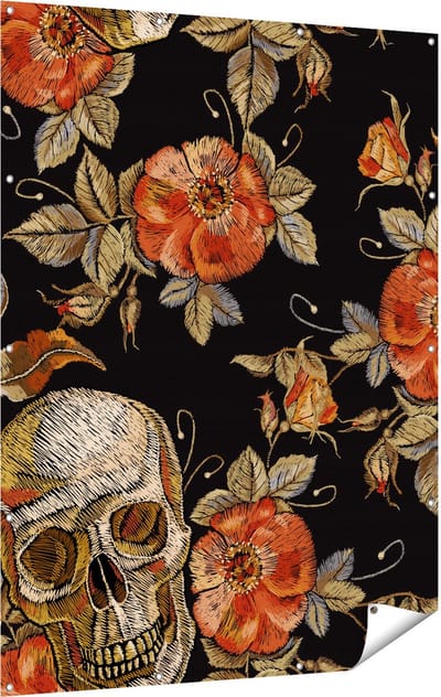 Gards Tuinposter Doodshoofden met Bloemen - Schedels - 120x160 cm - Tuindoek - Tuindecoratie - Wanddecoratie buiten - Tuinschilderij