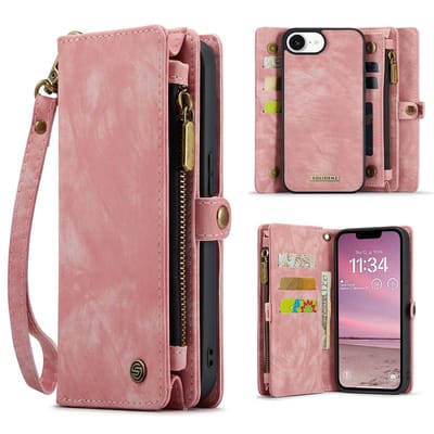 Geschikt Voor iPhone 17e / 16e Hoesje - Solidenz Wallet Case - Telefoonhoesje - Case Met Pasjeshouder - Met Ritsvak - Met Polskoord - Portemonee Hoes - Roze
