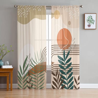 Bohemian Abstracte Wind Blad Planten Slaapkamer Gordijnen Tule Transparant Gordijn Woonkamer Huisdecoratie Voile Drapes 135W x 114H(cm) white