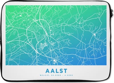 Laptophoes 14 inch - Stadskaart - België - Aalst - Blauw - Laptop sleeve - Binnenmaat 33x23 cm - Zwarte achterkant