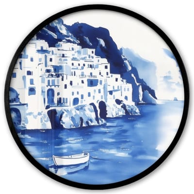 Poster in lijst Rond - Fotolijst 40x40 cm - Posters - Dorp - Rotswand - Roeiboot - Water - Ronde posterlijst zwart - Decoratie - Wanddecoratie woonkamer - Muurdecoratie slaapkamer