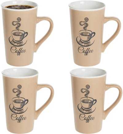 Secret de Gourmet hoge koffie mok / beker met oor - 4x - beige - keramiek - 500 ml - koffie print - servies - warme dranken