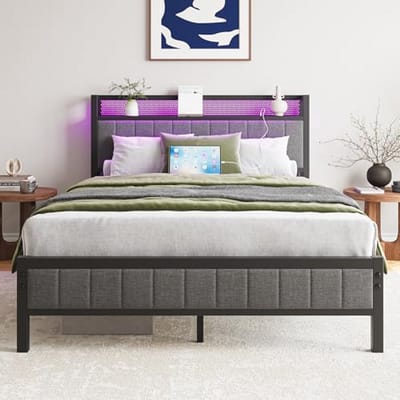 Bedframe met LED, oplaadstation, 140 x 190 cm, metalen tweepersoonsbed, logeerbed met lattenbodem en hoofdeinde