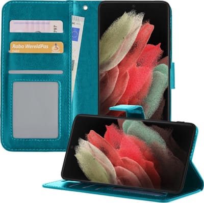 Hoesje - Geschikt voor Samsung Galaxy S21 Ultra - Luxe Bookcase - Walletcase Hoes - Portemonnee - Cover - Telefoonhoes - Turquoise