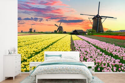 Behang - Fotobehang Windmolen - Tulpen - Bloemen - Nederland - Breedte 600 cm x hoogte 400 cm