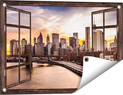 Gards Tuinposter Doorkijk Brooklyn Bridge Brug in New York - 60x40 cm - Tuindoek - Tuindecoratie - Wanddecoratie buiten - Tuinschilderij
