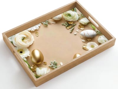 Dienblad hout 50x35 cm - Schootdienblad - Bloemen - Paaseieren - Goud - Beige - Borrelplank rechthoek - Plateau dienbladen