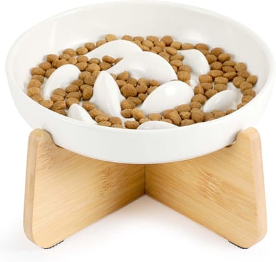 Famanu – Keramische antischrokbak voor katten - verhoogde kattenvoerbak - natte kattenvoer - langzame feeder - antislip - eenvoudig te reinigen - anti-schrokbak voor katten en kleine honden - wit