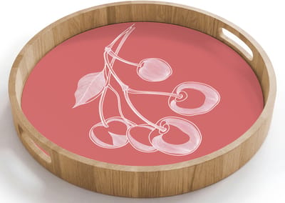 Dienblad rond 40x40 cm - Schootdienblad hout - Lijnillustratie - Kersen - Tak - Wit - Borrelplank rechthoek - Plateau houten dienbladen