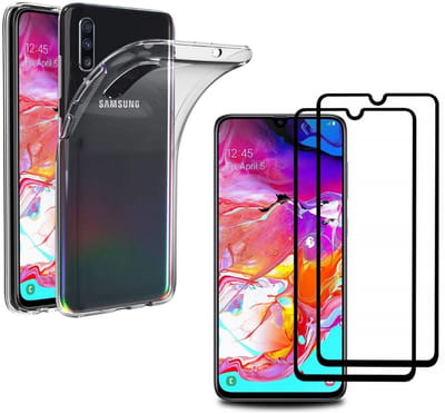 Hoesje Ultraslank geschikt voor Galaxy a70 backcover siliconen Transparant en 2 stuks ScreenProtector Gehard Glas met zwarte randen
