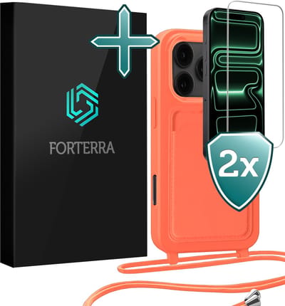 Hoesje Geschikt voor iPhone 17 Pro Max Pashouder Case Siliconen Hoes Met Koord Met 2x Screenprotector - Hoes Geschikt voor iPhone 17 Pro Max Met Telefoonkoord Hoesje Back Cover Met Pasjeshouder - Papaya