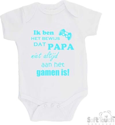 100% katoenen Romper "Ik ben het bewijs dat PAPA niet altijd aan het gamen is!" Unisex Katoen Wit/aquablauw Maat 56/62