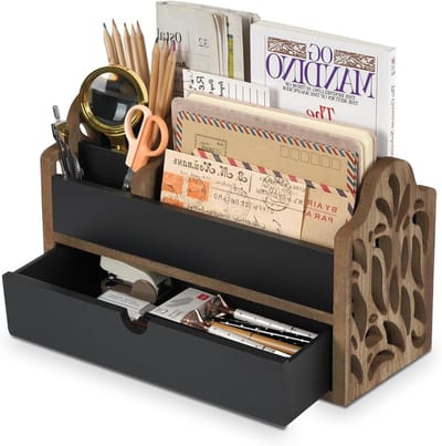 Bureau Organizer - Post Houder - Kantoor Ordenen - Met Houten Lade - 31x13x19 cm - Zwart Bruin