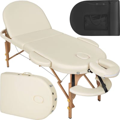 Mobiele massagetafel - Ovale massagetafel met 3 zones, opklapbaar en in hoogte verstelbaar - Dikke vulling, kunstleer - Inclusief hoofdsteun en armleuningen - Perfect voor massages, fysiotherapie en cosmetische behandelingen