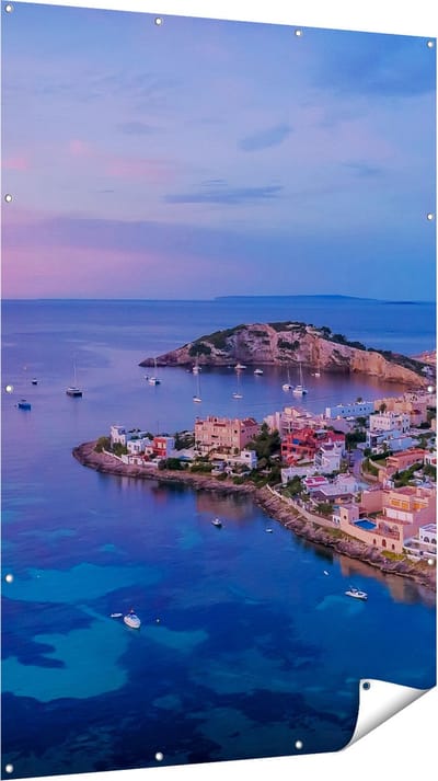 Gards Tuinposter Ibiza met Boten op het Water bij Zonsopgang - 120x180 cm - Tuindoek - Tuindecoratie - Wanddecoratie buiten - Tuinschilderij