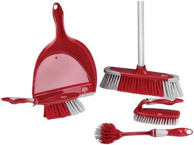 Dirt Devil Schoonmaakset 6 Stuks - Afwasborstel/ Handschrobber/ Zachte Bezem met Steel / Stoffer en Blik - Rood/ Grijs