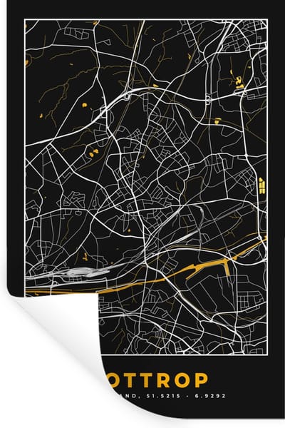 Muurstickers - Sticker Folie - Bottrop - Stadskaart - Goud - Duitsland - Plattegrond - Kaart - Black and Gold - 20x30 cm - Plakfolie - Muurstickers Kinderkamer - Zelfklevend Behang - Zelfklevend behangpapier - Stickerfolie