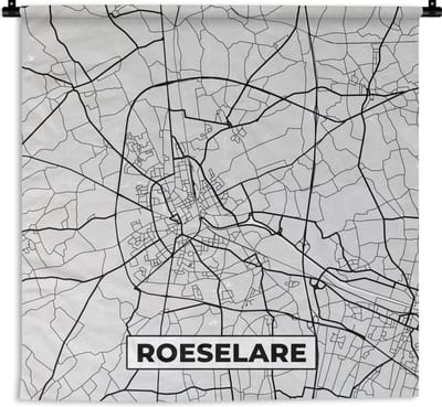 Wandkleed - Wanddoek - Stadskaart – Zwart Wit - Kaart – Roeselare – België – Plattegrond - 180x180 cm - Wandtapijt