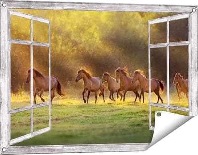 Gards Tuinposter Doorkijk Kudde Bruine Paarden in de Wei - 90x60 cm - Tuindoek - Tuindecoratie - Wanddecoratie buiten - Tuinschilderij