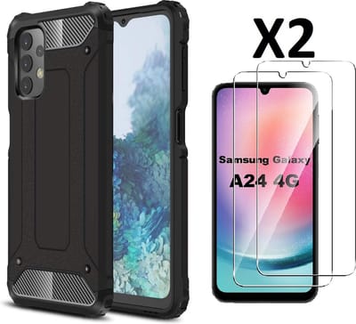 Hoesje geschikt voor Samsung Galaxy A24 5G Hoesje Zwart Schokbestendig Hybride Heavy Duty Rugged hoesje met 2x Screenprotector