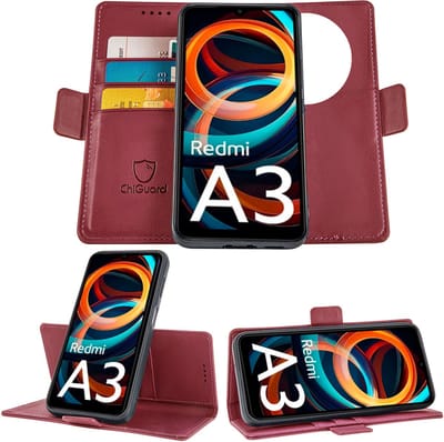 Geschikt voor Xiaomi Redmi A3 - Book Case Hoesje - Uitneembaar Hoesje - Magnetische Sluiting - Portemonnee Bordeaux Rood