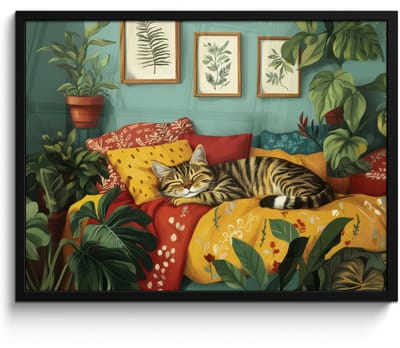Poster in lijst - Fotolijst 70x50 cm - Posters - Kat - Planten - Groen - Posterlijst zwart - Decoratie - Wanddecoratie woonkamer - Muurdecoratie slaapkamer