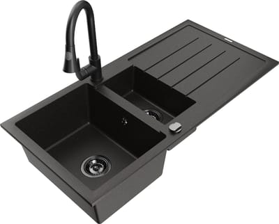 Mexen Andres granieten spoelbak 1,5-komoors met afdruiprek en keukenkraan Elia, zwart/gouden metallic - 6515-75-670101-70-B